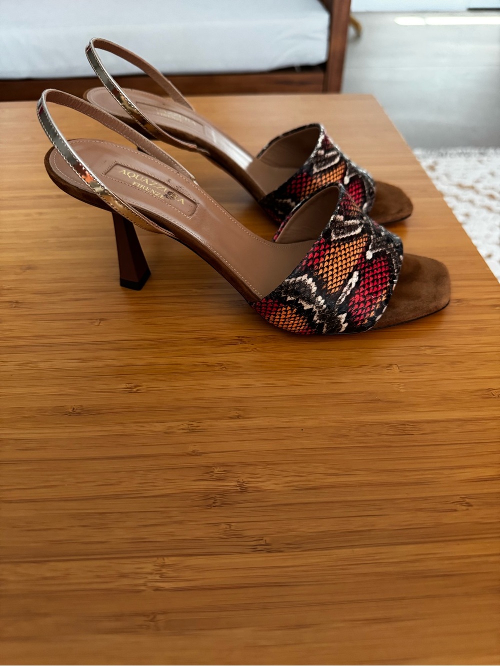 Aquazzura Multicolor Snake-Print Slingback Sandals with Brown Suede Footbed